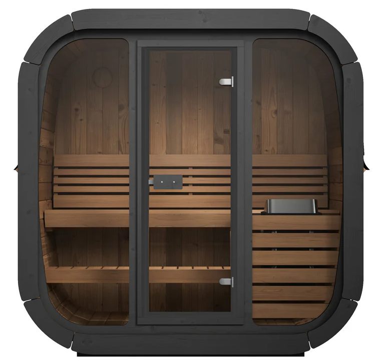 SaunaLife outdoor cube-style sauna cabin, front view